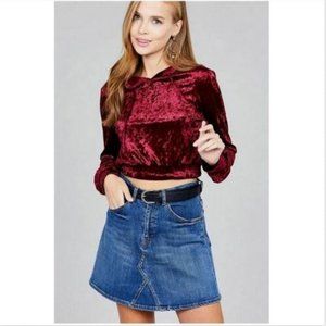 Velvet Long Sleeve Drawstring Hood Crop Top